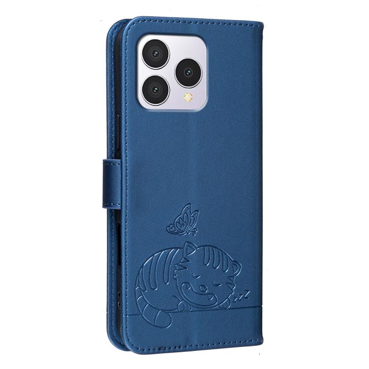 For Cubot A40 Cat Butterfly Embossed RFID Vegan Leather Phone Case with Strap