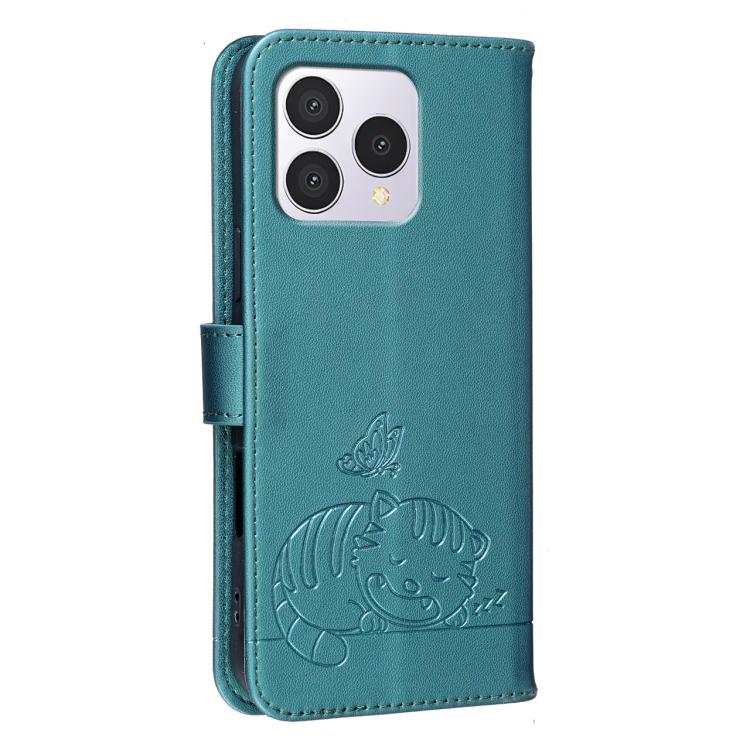 For Cubot A40 Cat Butterfly Embossed RFID Vegan Leather Phone Case with Strap