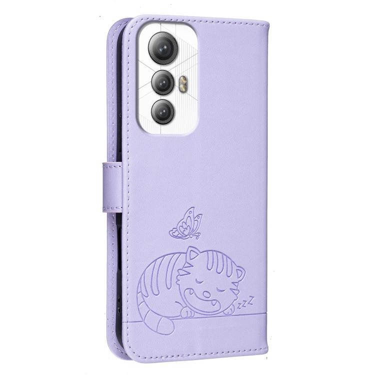For Cubot Max 5 Cat Butterfly Embossed RFID Vegan Leather Phone Case with Strap