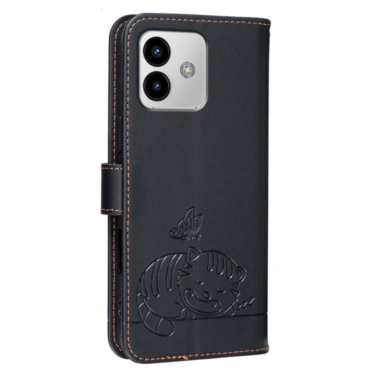 For Cubot Note 40 Cat Butterfly Embossed RFID Vegan Leather Phone Case with Strap