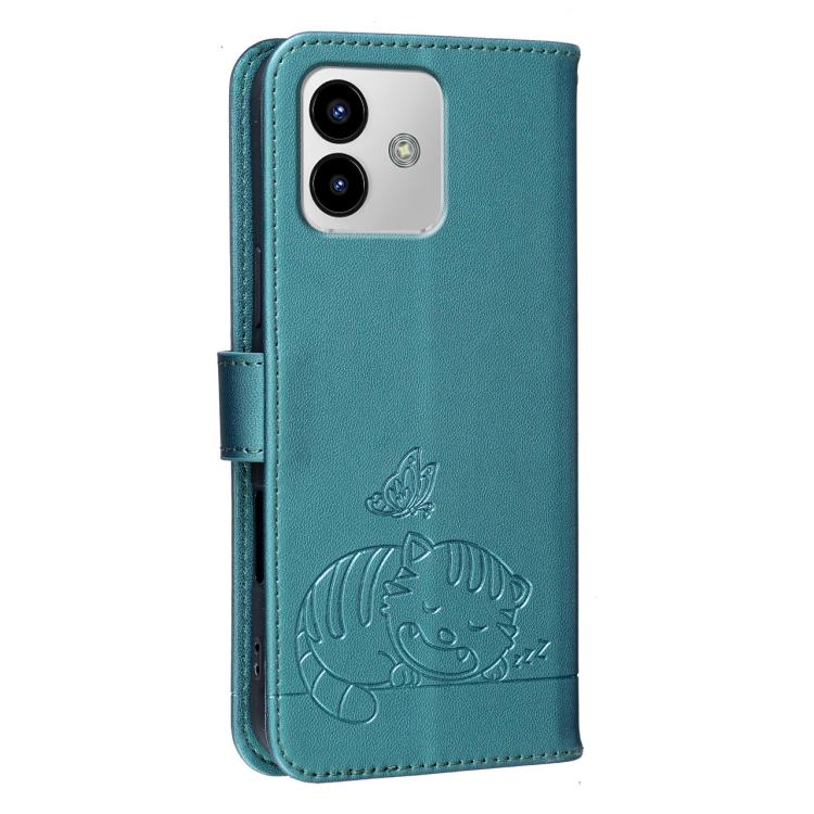 For Cubot Note 40 Cat Butterfly Embossed RFID Vegan Leather Phone Case with Strap