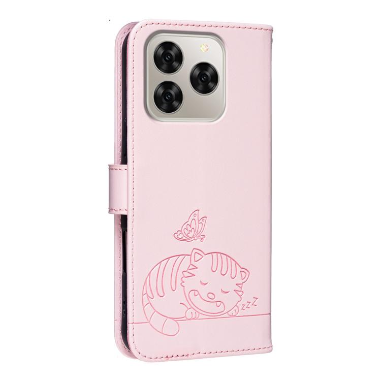 For Cubot Note 60 4G Cat Butterfly Embossed RFID Vegan Leather Phone Case with Strap