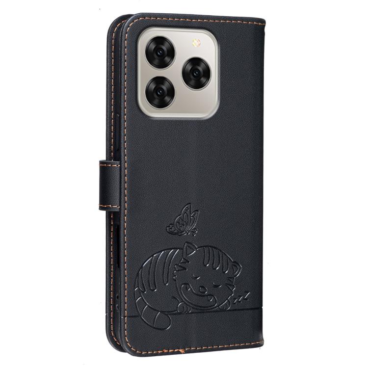 For Cubot Note 60 4G Cat Butterfly Embossed RFID Vegan Leather Phone Case with Strap