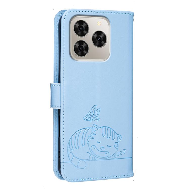 For Cubot Note 60 4G Cat Butterfly Embossed RFID Vegan Leather Phone Case with Strap