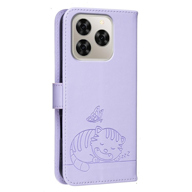 For Cubot Note 60 4G Cat Butterfly Embossed RFID Vegan Leather Phone Case with Strap