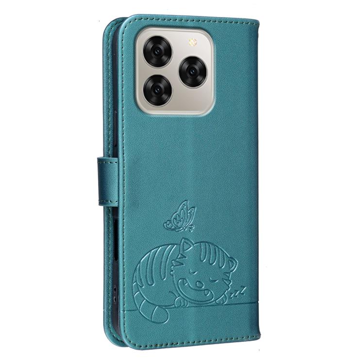 For Cubot Note 60 4G Cat Butterfly Embossed RFID Vegan Leather Phone Case with Strap