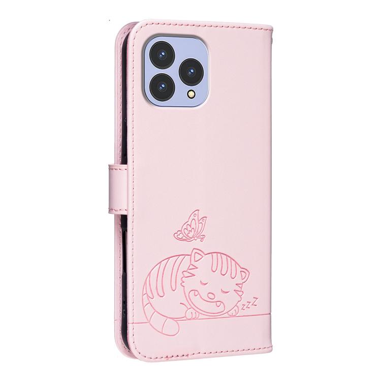 For Cubot P80 Cat Butterfly Embossed RFID Vegan Leather Phone Case with Strap