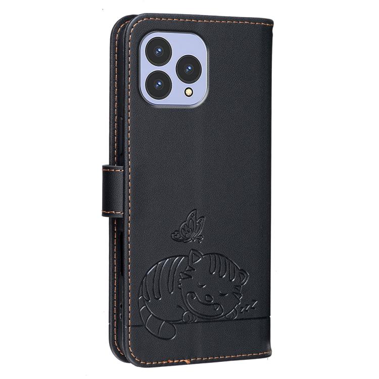 For Cubot P80 Cat Butterfly Embossed RFID Vegan Leather Phone Case with Strap