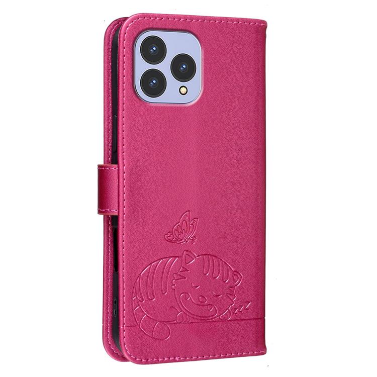 For Cubot P80 Cat Butterfly Embossed RFID Vegan Leather Phone Case with Strap