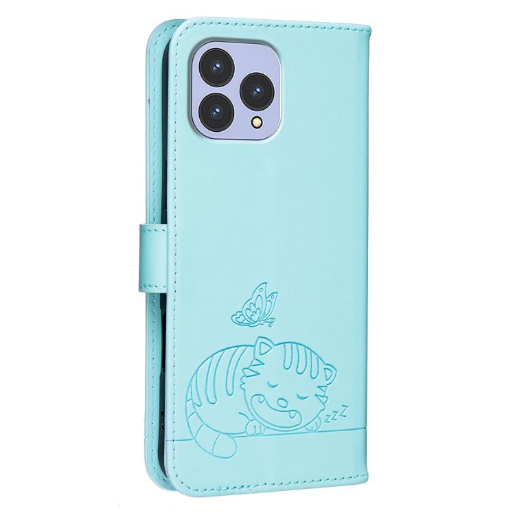For Cubot P80 Cat Butterfly Embossed RFID Vegan Leather Phone Case with Strap