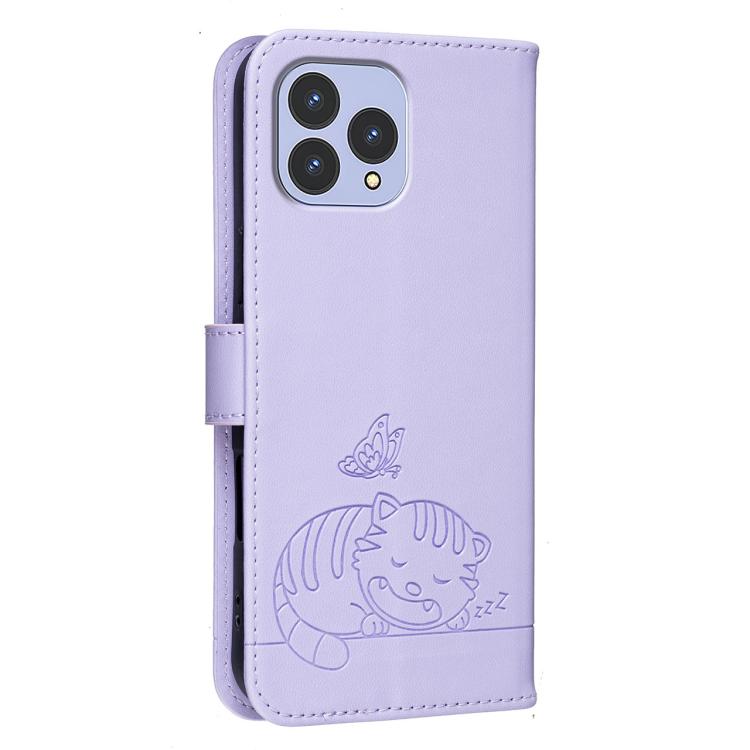 For Cubot P80 Cat Butterfly Embossed RFID Vegan Leather Phone Case with Strap
