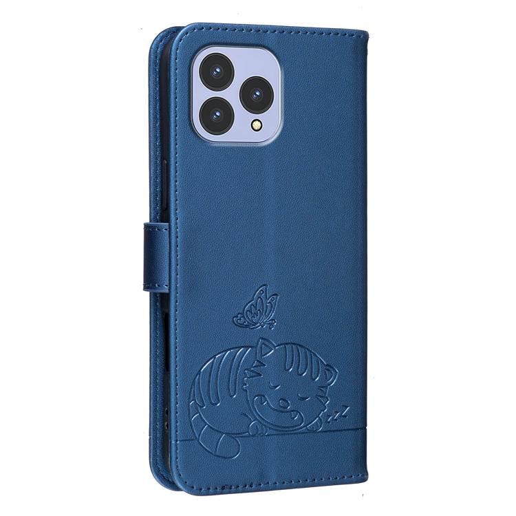 For Cubot P80 Cat Butterfly Embossed RFID Vegan Leather Phone Case with Strap