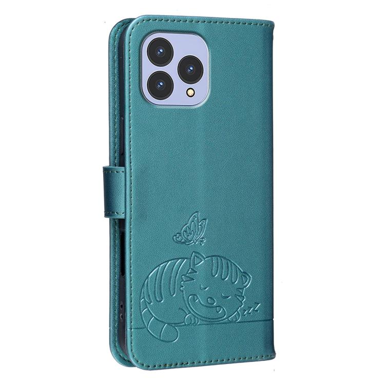 For Cubot P80 Cat Butterfly Embossed RFID Vegan Leather Phone Case with Strap