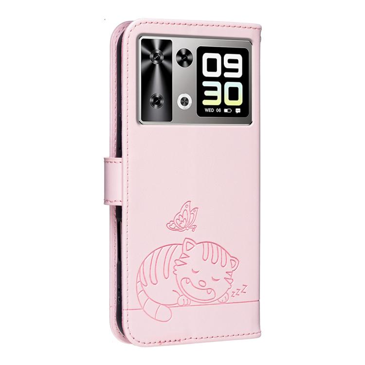 For Cubot P90 Cat Butterfly Embossed RFID Vegan Leather Phone Case with Strap