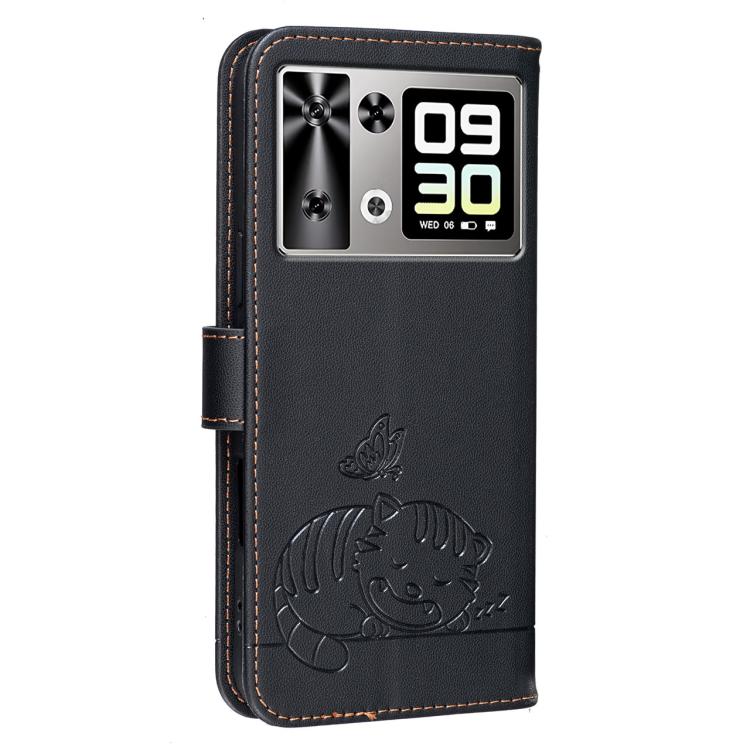 For Cubot P90 Cat Butterfly Embossed RFID Vegan Leather Phone Case with Strap