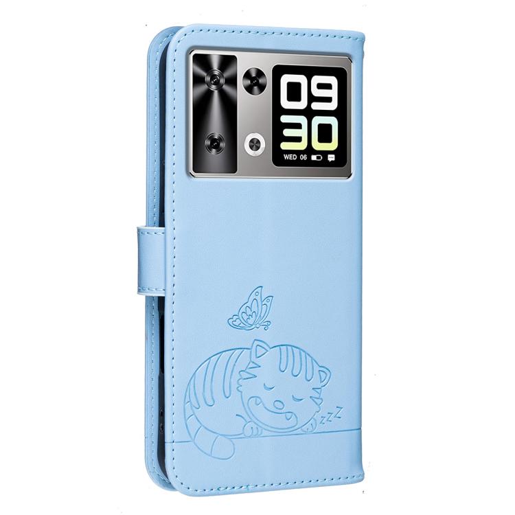 For Cubot P90 Cat Butterfly Embossed RFID Vegan Leather Phone Case with Strap