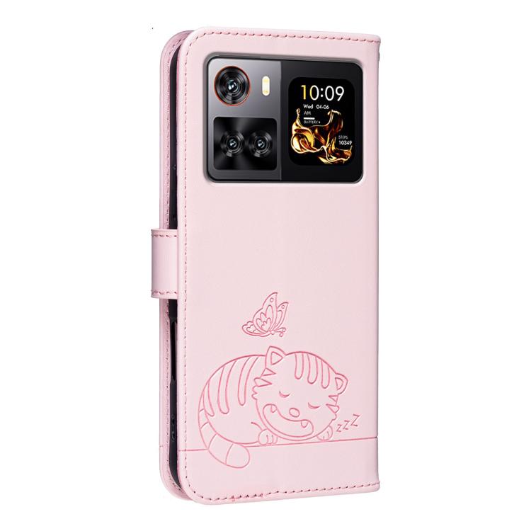 For Cubot X100 Cat Butterfly Embossed RFID Vegan Leather Phone Case with Strap