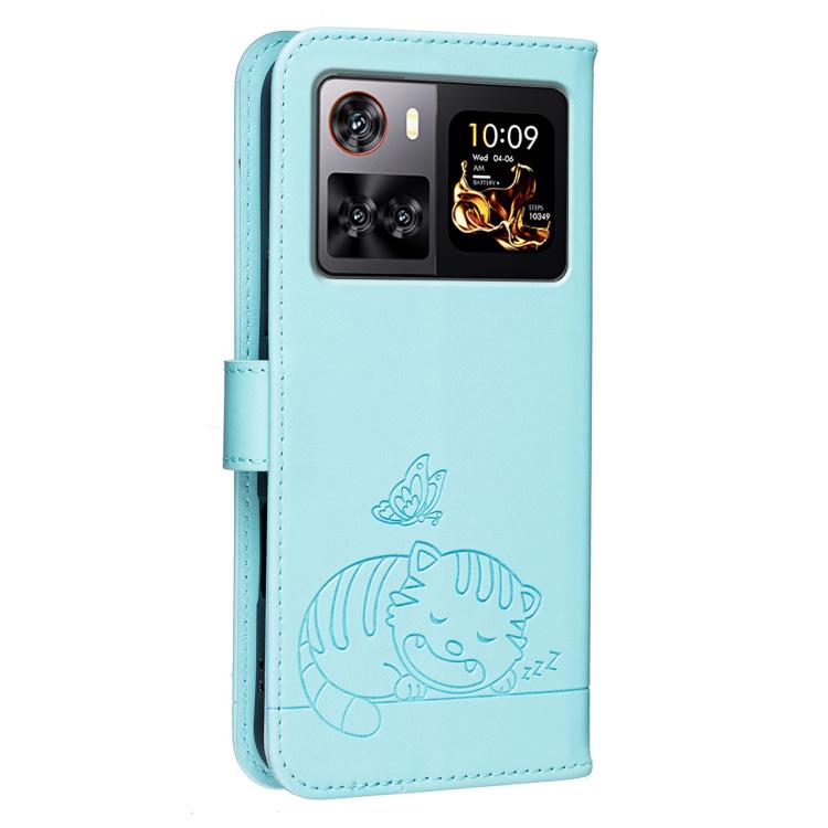 For Cubot X100 Cat Butterfly Embossed RFID Vegan Leather Phone Case with Strap