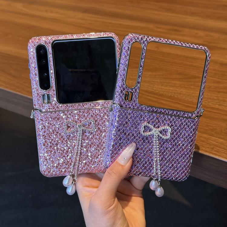 For Huawei Pura X Sparkling Glitter Pearl Tassel Bow Shockproof Phone Case