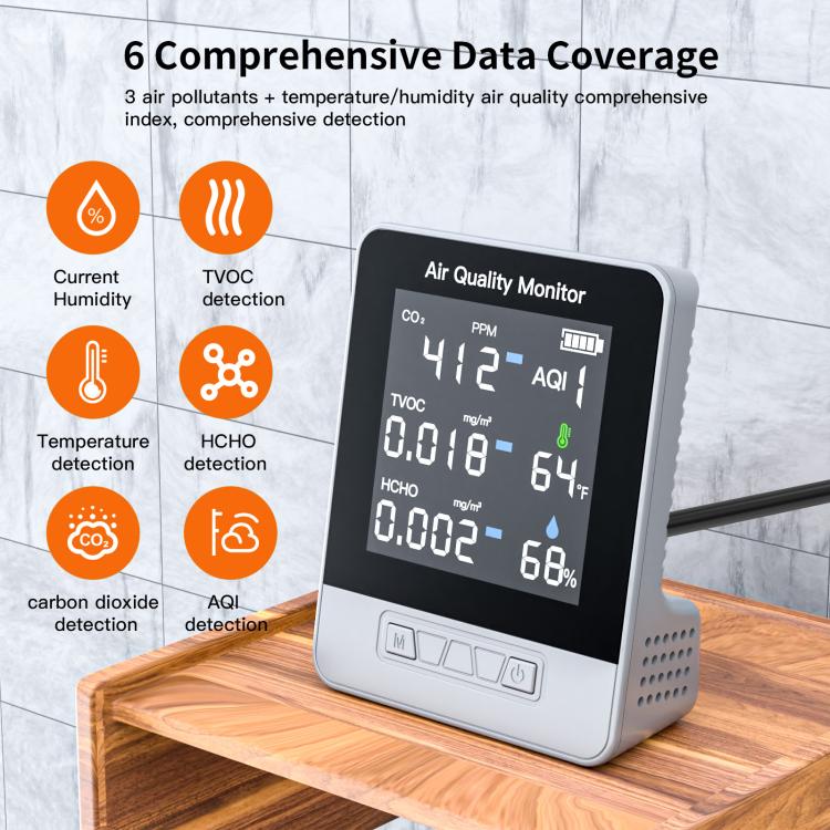 DA10 6-in-1 Smart Air Quality Monitor with 2.8-inch LCD Screen