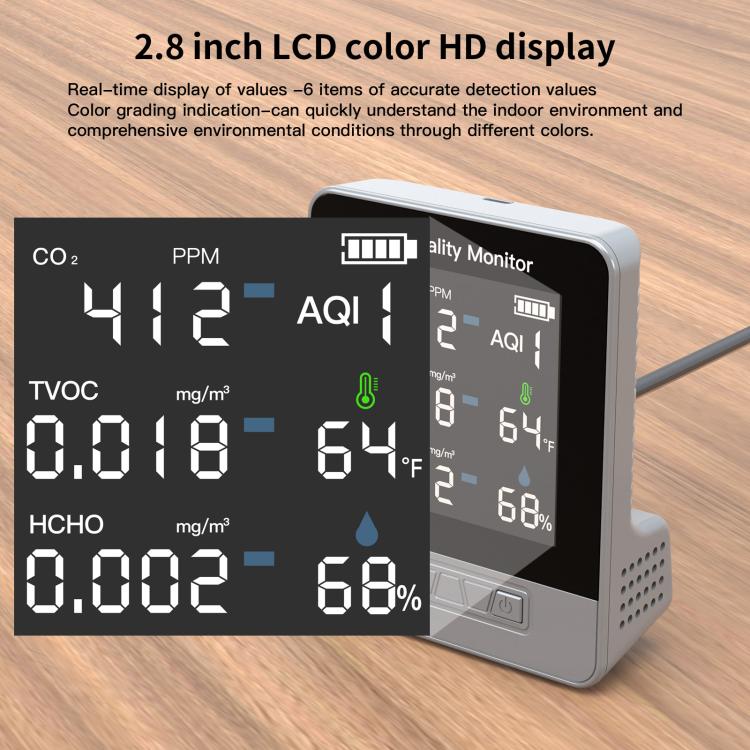 DA10 6-in-1 Smart Air Quality Monitor with 2.8-inch LCD Screen