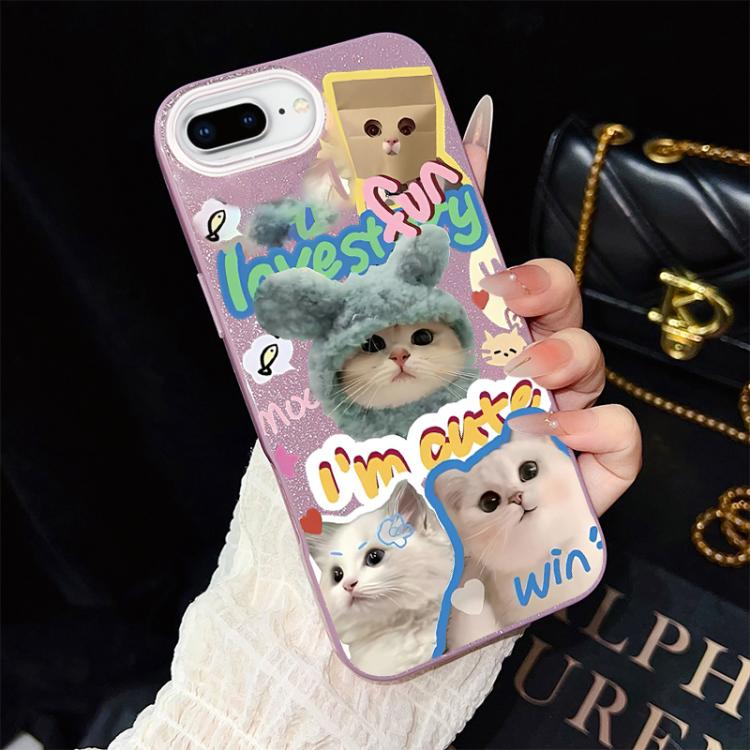 For iPhone 8 Plus / 7 Plus Cats Pattern IMD Glitter PC Hybrid TPU Phone Case