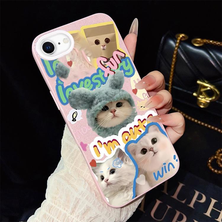 For iPhone SE 2022 / SE 2020 Cats Pattern IMD Glitter PC Hybrid TPU Phone Case