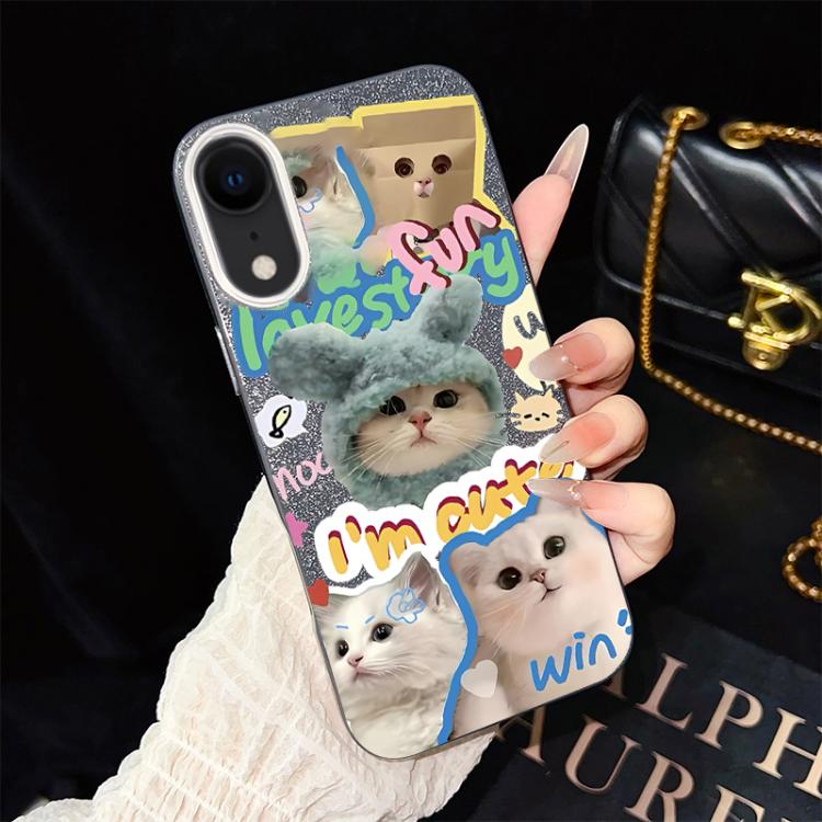For iPhone XR Cats Pattern IMD Glitter PC Hybrid TPU Phone Case