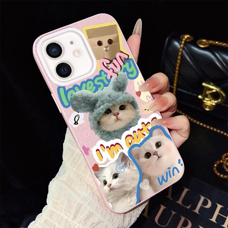 For iPhone 12 Cats Pattern IMD Glitter PC Hybrid TPU Phone Case