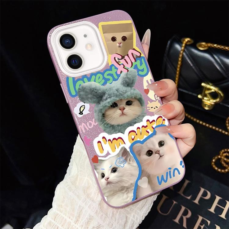 For iPhone 12 Cats Pattern IMD Glitter PC Hybrid TPU Phone Case
