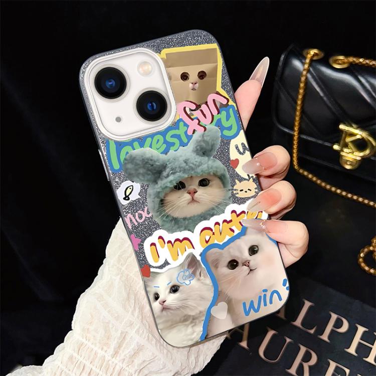 For iPhone 13 Cats Pattern IMD Glitter PC Hybrid TPU Phone Case