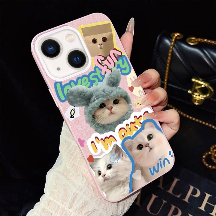For iPhone 13 Cats Pattern IMD Glitter PC Hybrid TPU Phone Case