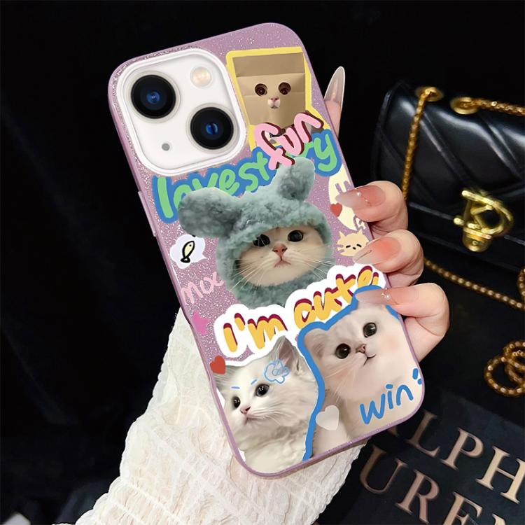 For iPhone 14 Cats Pattern IMD Glitter PC Hybrid TPU Phone Case