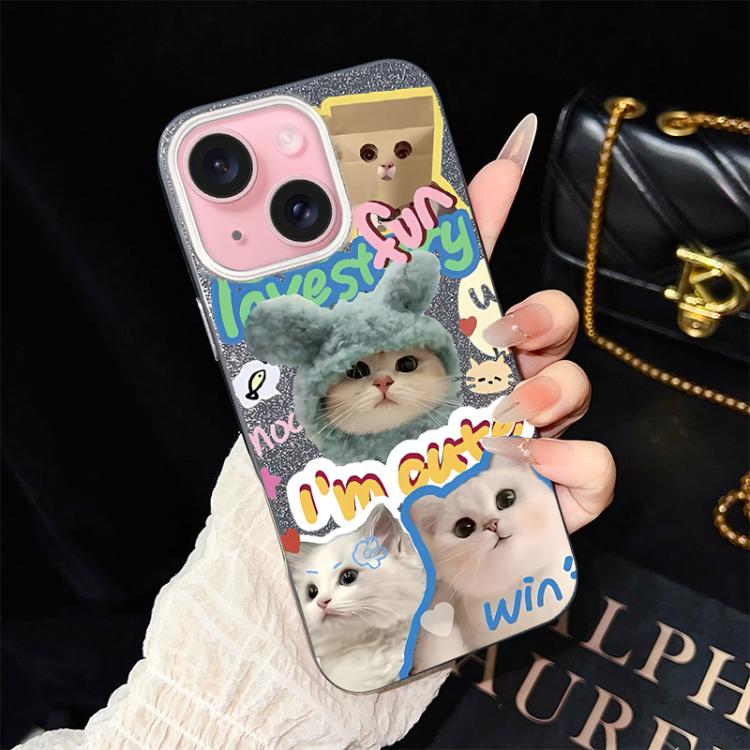 For iPhone 15 Cats Pattern IMD Glitter PC Hybrid TPU Phone Case