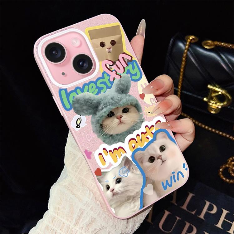 For iPhone 15 Plus Cats Pattern IMD Glitter PC Hybrid TPU Phone Case