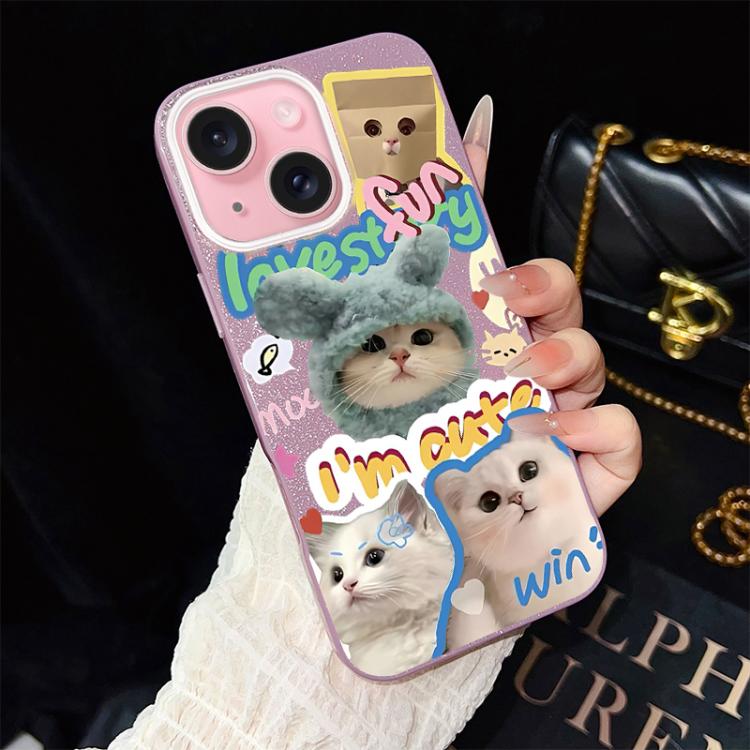 For iPhone 15 Plus Cats Pattern IMD Glitter PC Hybrid TPU Phone Case