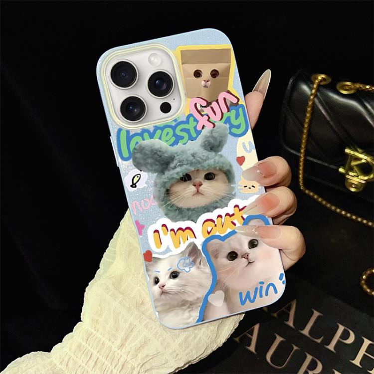For iPhone 15 Pro Cats Pattern IMD Glitter PC Hybrid TPU Phone Case