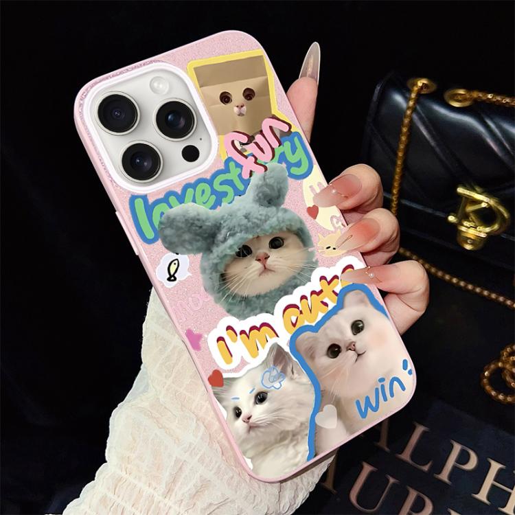 For iPhone 15 Pro Max Cats Pattern IMD Glitter PC Hybrid TPU Phone Case