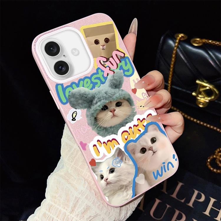 For iPhone 16 Cats Pattern IMD Glitter PC Hybrid TPU Phone Case