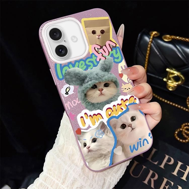 For iPhone 16 Plus Cats Pattern IMD Glitter PC Hybrid TPU Phone Case