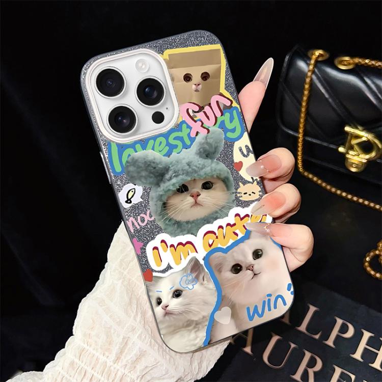 For iPhone 16 Pro Max Cats Pattern IMD Glitter PC Hybrid TPU Phone Case