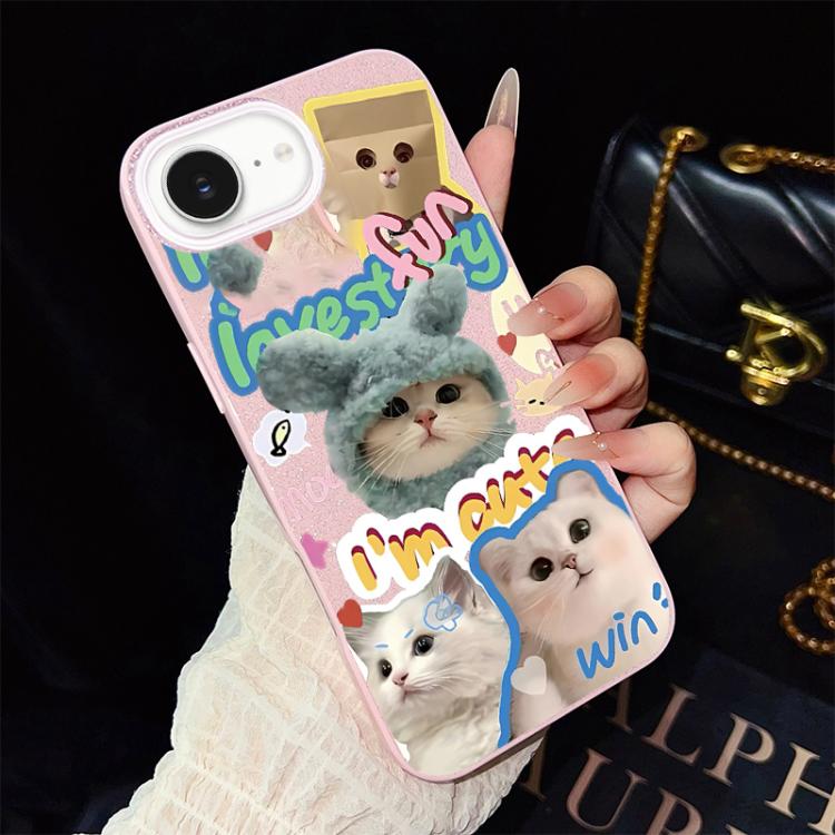 For iPhone 17e / 16e Cats Pattern IMD Glitter PC Hybrid TPU Phone Case