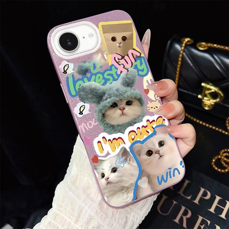 For iPhone 17e / 16e Cats Pattern IMD Glitter PC Hybrid TPU Phone Case
