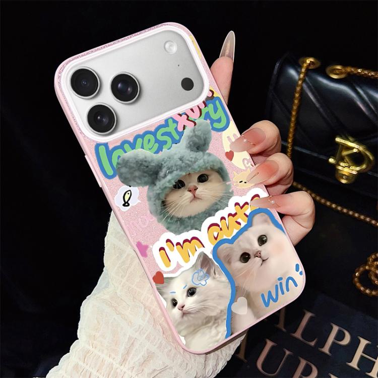 For iPhone 17 Pro Cats Pattern IMD Glitter PC Hybrid TPU Phone Case