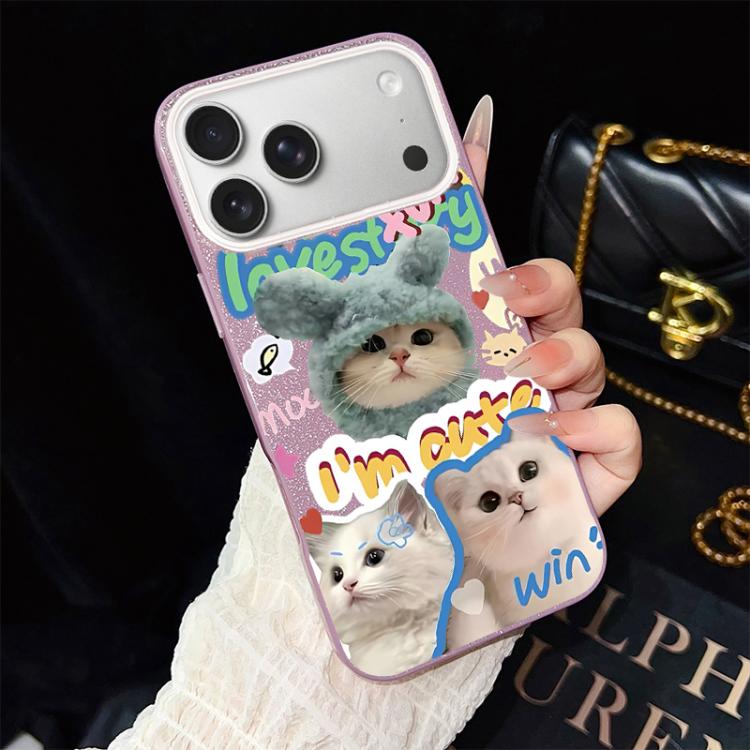 For iPhone 17 Pro Max Cats Pattern IMD Glitter PC Hybrid TPU Phone Case