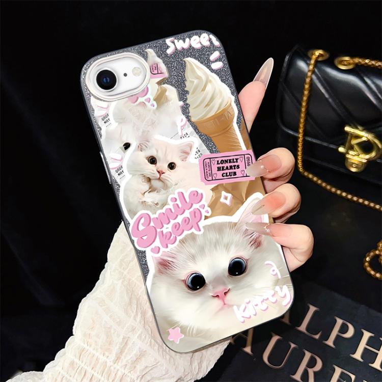 For iPhone SE 2022 / SE 2020 Ice Cream Cats Pattern IMD Glitter PC Hybrid TPU Phone Case