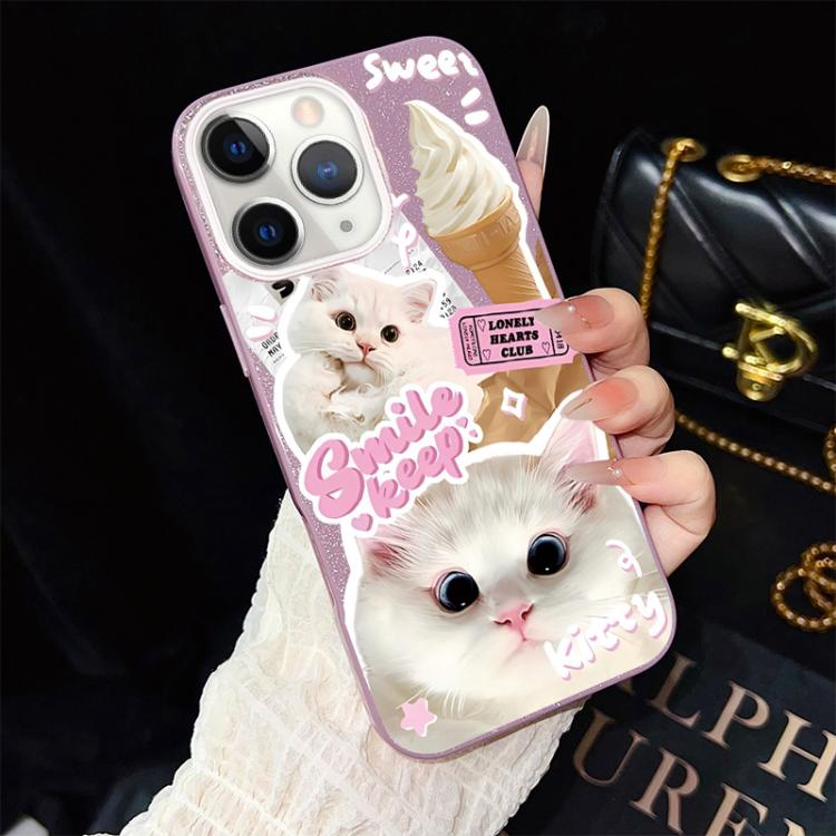 For iPhone 11 Pro Ice Cream Cats Pattern IMD Glitter PC Hybrid TPU Phone Case