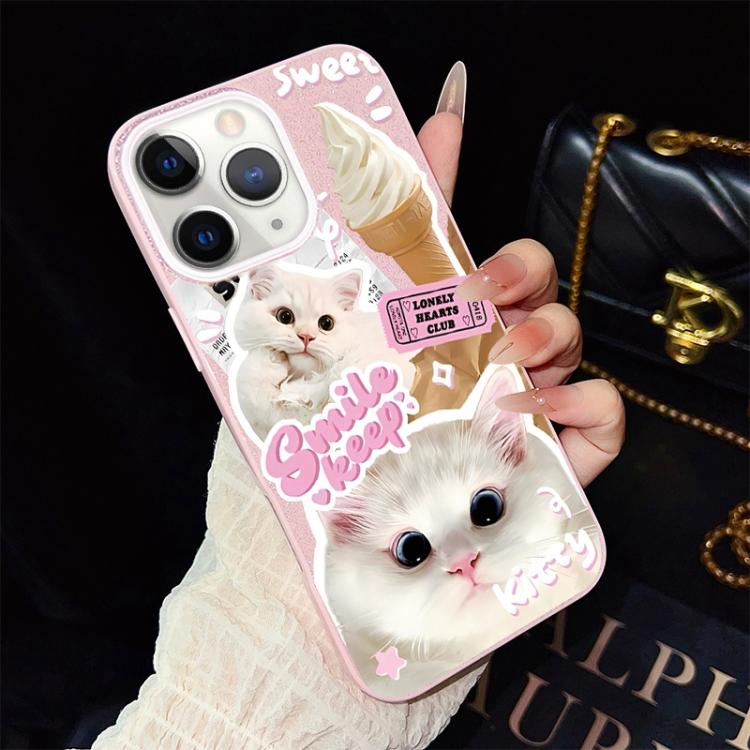 For iPhone 11 Pro Max Ice Cream Cats Pattern IMD Glitter PC Hybrid TPU Phone Case