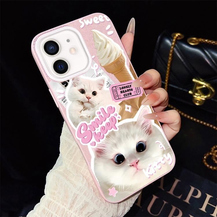 For iPhone 12 Ice Cream Cats Pattern IMD Glitter PC Hybrid TPU Phone Case