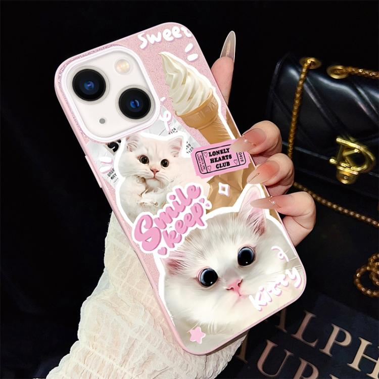 For iPhone 14 Ice Cream Cats Pattern IMD Glitter PC Hybrid TPU Phone Case